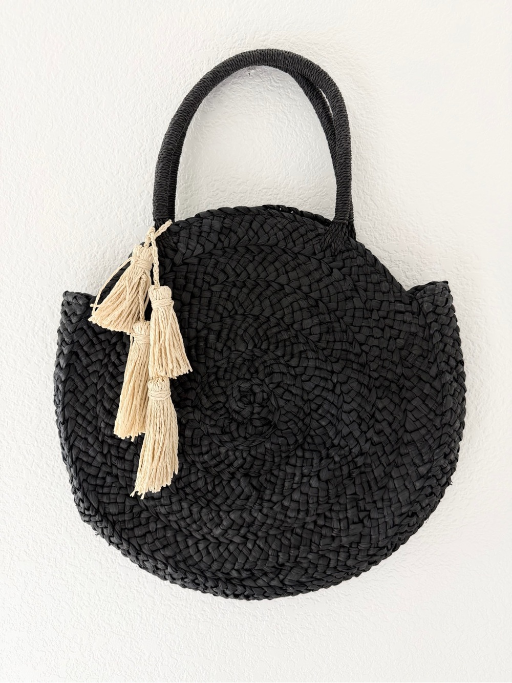 L*SPACE Black Round Woven Tote Bag with Cream Tassels